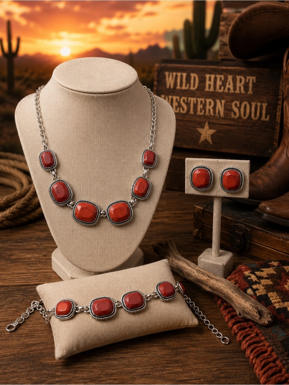 Etienne Aigner Red Stone Silver-Tone Necklace, Bracelet & Earrings Set Western